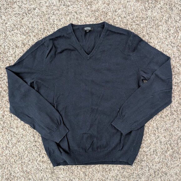 Express Other - Express Men's V-Neck Cotton-Merino Wool V-Neck Sweater - Black - Medium